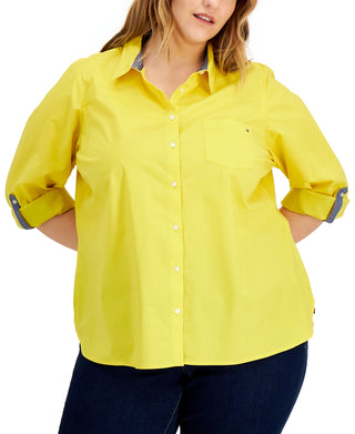 Camisa Tommy Hilfiger feminina de algodão com aba enrolada, amarela, tamanho 2X