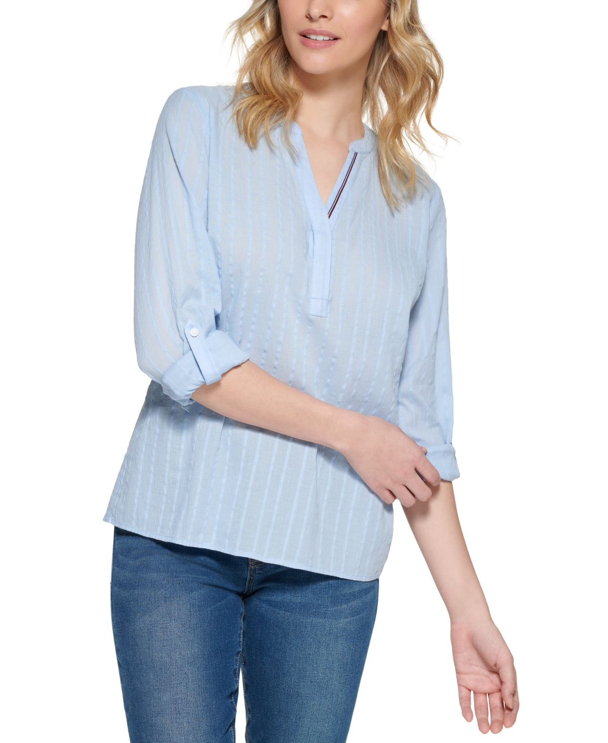 Blusa túnica listrada de algodão Tommy Hilfiger feminina, azul