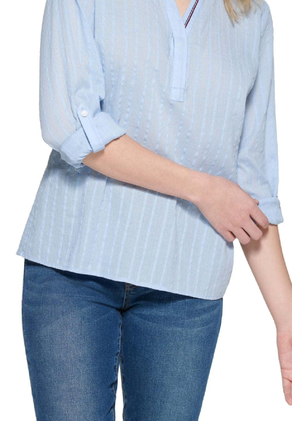 Blusa túnica listrada de algodão Tommy Hilfiger feminina, azul
