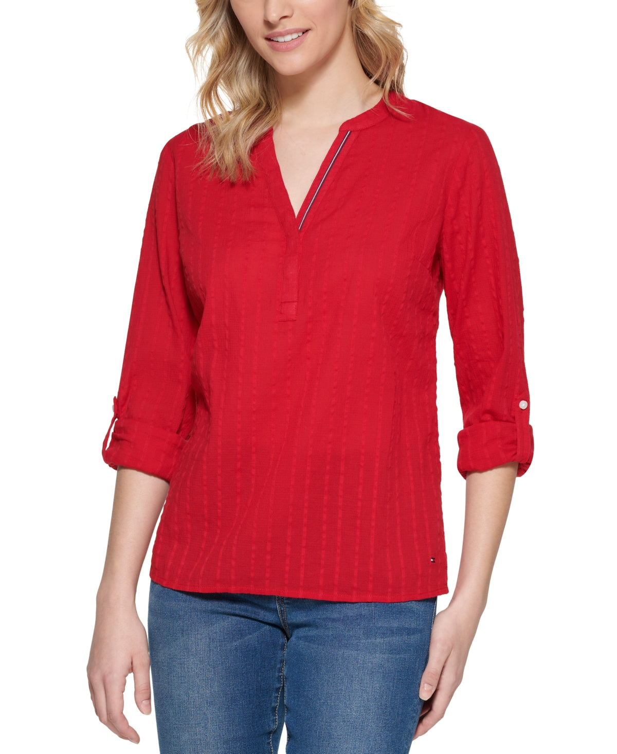 Blusa túnica listrada de algodão feminina Tommy Hilfiger vermelha tamanho X-G