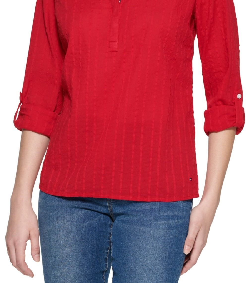 Blusa túnica listrada de algodão feminina Tommy Hilfiger, vermelha, tamanho médio