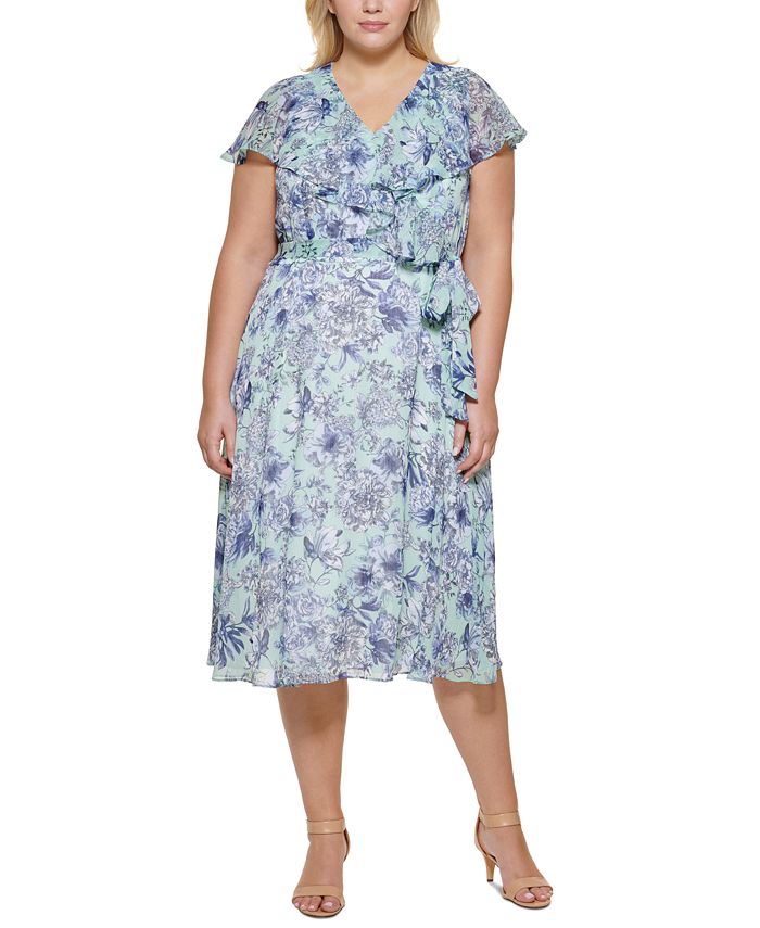 Vestido feminino Tommy Hilfiger de chiffon floral com ajuste e abertura frontal, azul, tamanho pequeno e pequeno