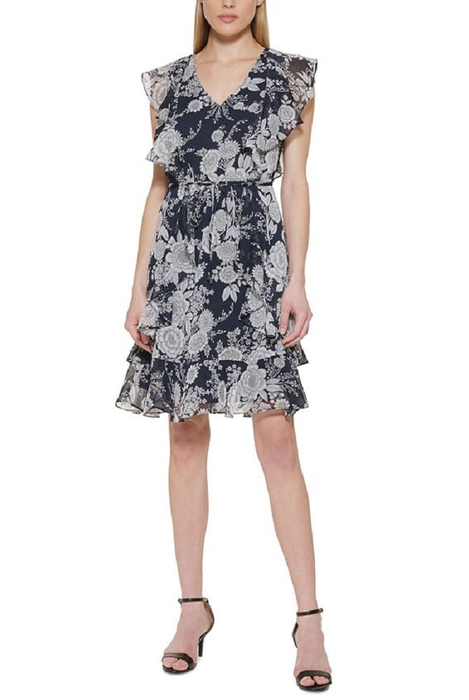 Vestido feminino Tommy Hilfiger com estampa floral, ajuste e flare, azul, tamanho 8