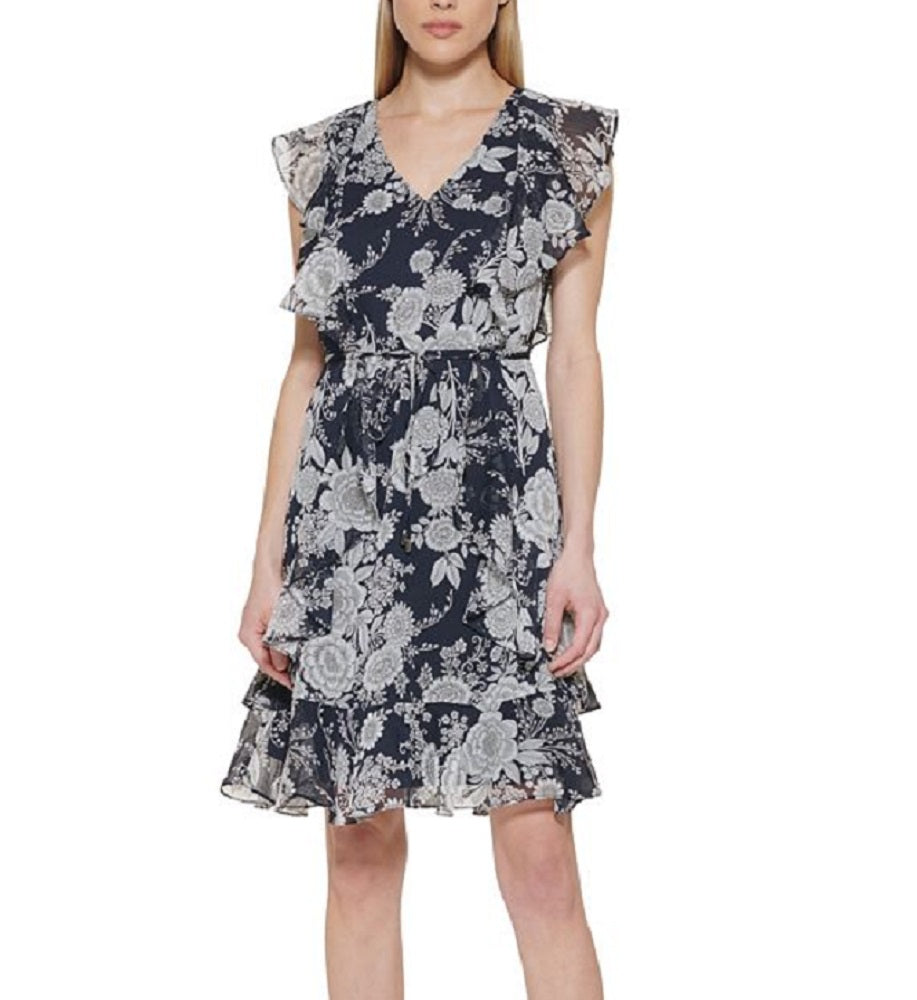 Vestido feminino Tommy Hilfiger com estampa floral, ajuste e flare, azul, tamanho 8