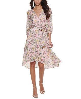 Tommy Hilfiger Women's Printed Balloon Sleeve Faux Wrap Dress Pink Size 14