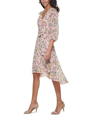 Vestido envelope falso com manga balão estampado feminino Tommy Hilfiger, rosa, tamanho 14