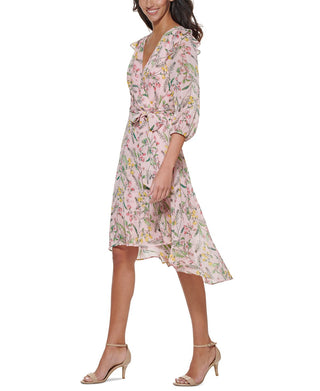 Vestido envelope falso com manga balão estampado feminino Tommy Hilfiger, rosa, tamanho 10