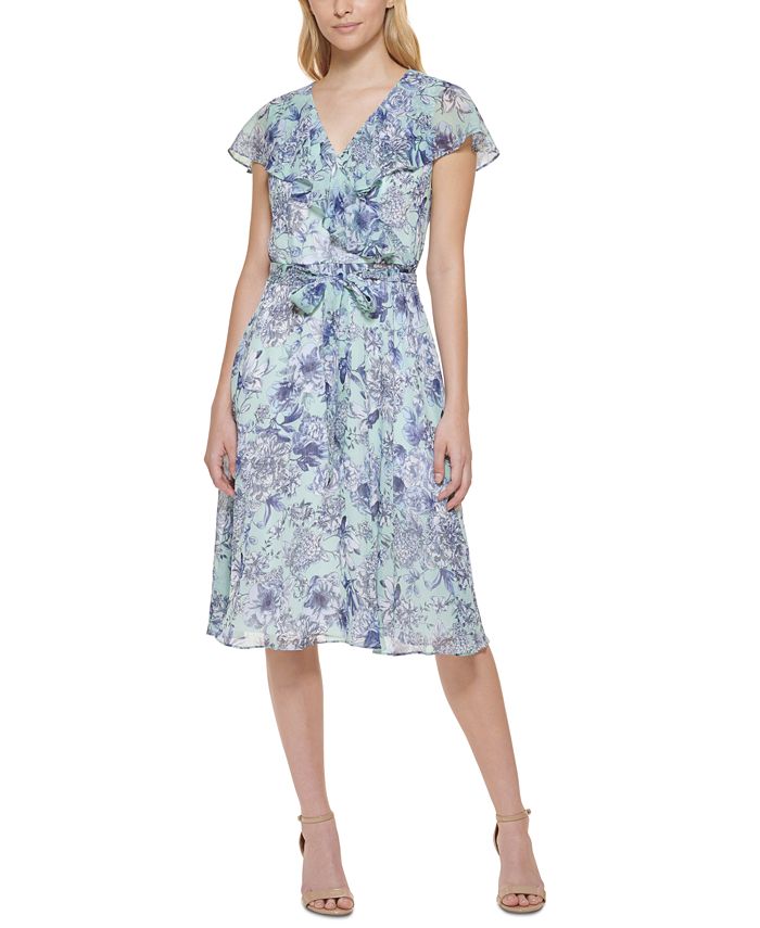 Vestido Tommy Hilfiger Feminino Chiffon Floral Fit &amp; Flare Azul Tamanho 10 Petite