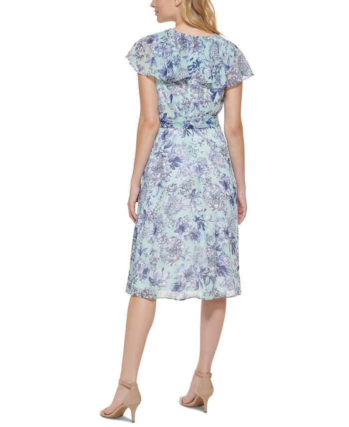 Vestido Tommy Hilfiger Feminino Chiffon Floral Fit &amp; Flare Azul Tamanho 10 Petite