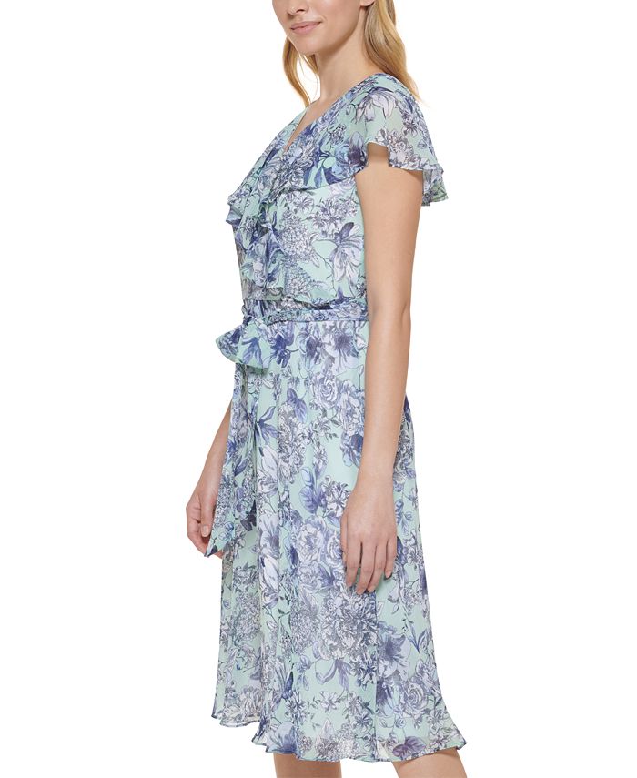 Vestido Tommy Hilfiger Feminino Chiffon Floral Fit &amp; Flare Azul Tamanho 10 Petite