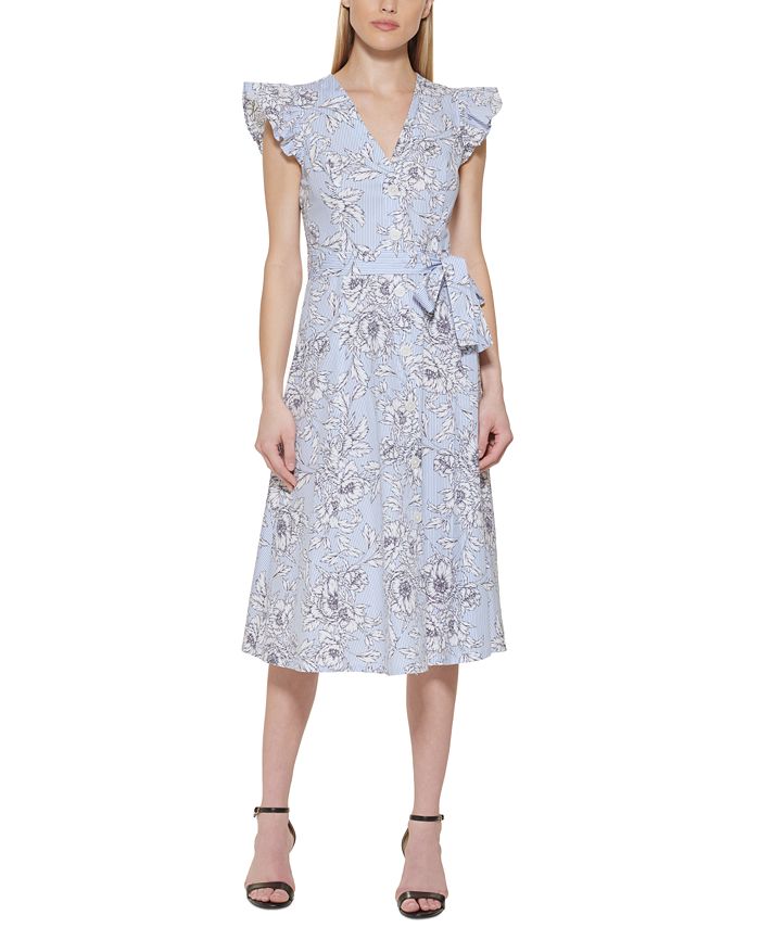 Vestido midi feminino Tommy Hilfiger com mangas esvoaçantes, azul, tamanho 6