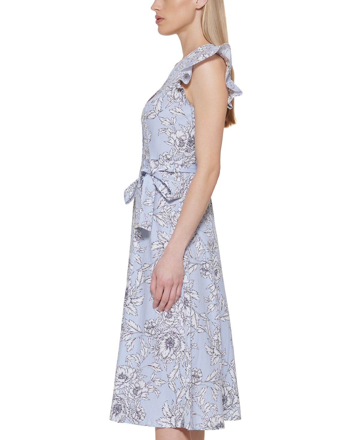 Vestido midi feminino Tommy Hilfiger com mangas esvoaçantes, azul, tamanho 6