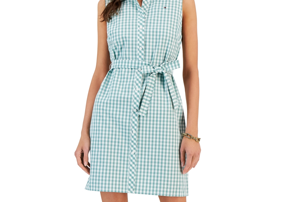 tommy-hilfiger-womens-gingham-print-woven-dress-belted-size-m