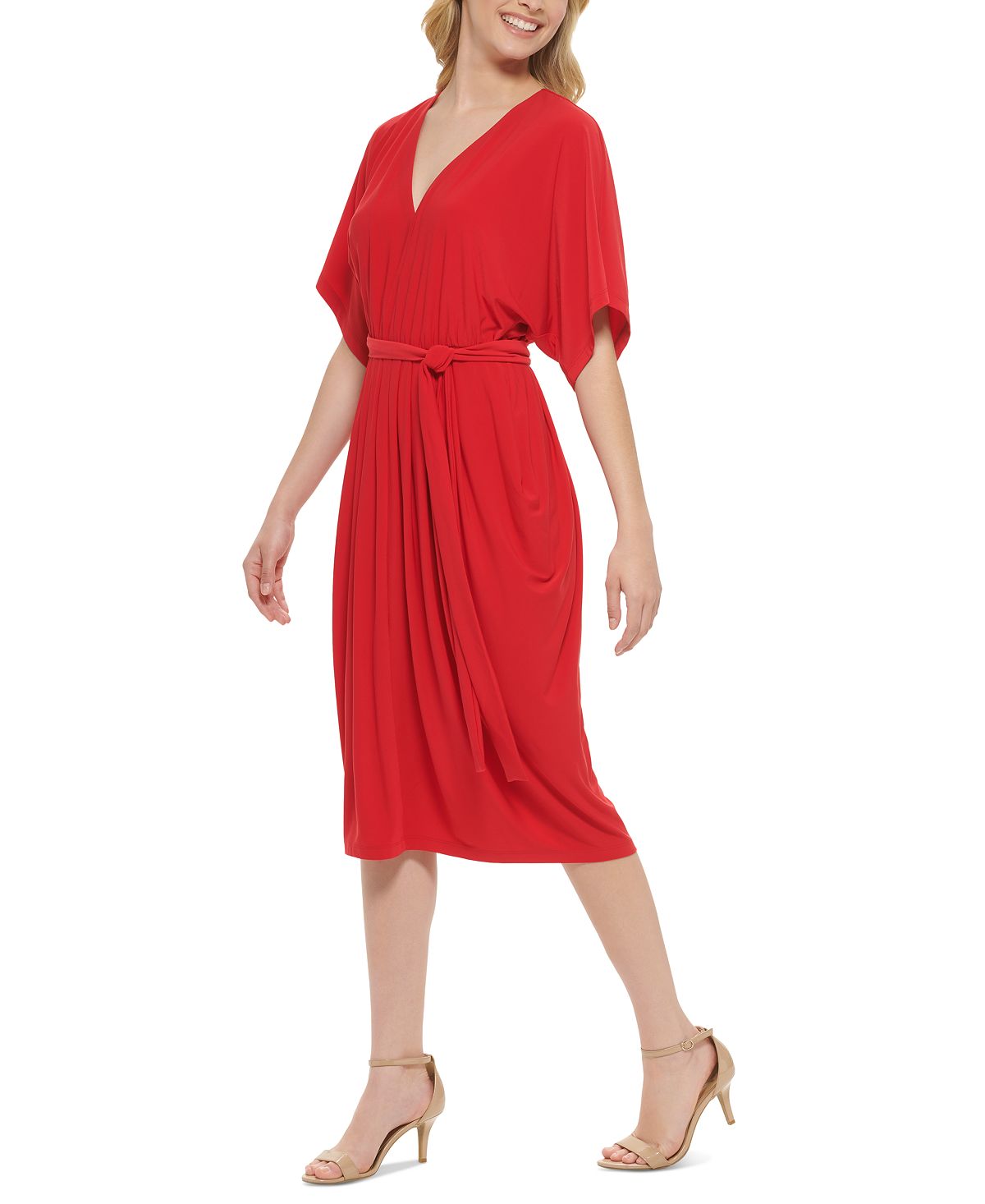 Vestido midi feminino Tommy Hilfiger com decote em V e amarração na cintura, vermelho, tamanho 12