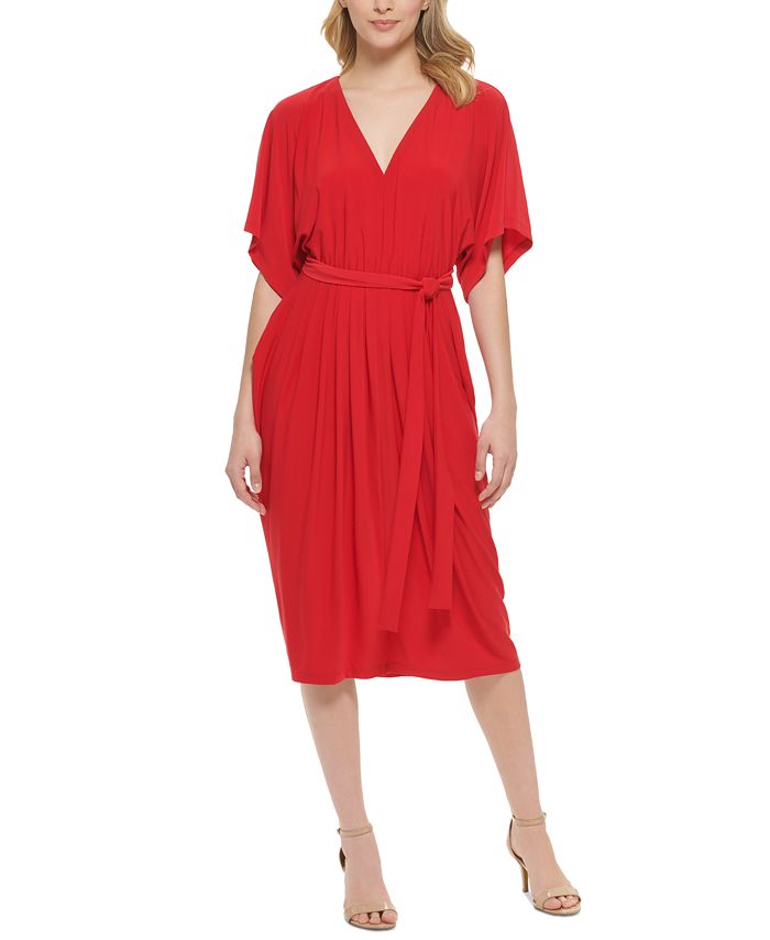 Vestido midi feminino Tommy Hilfiger com decote em V e amarração na cintura, vermelho, tamanho 6