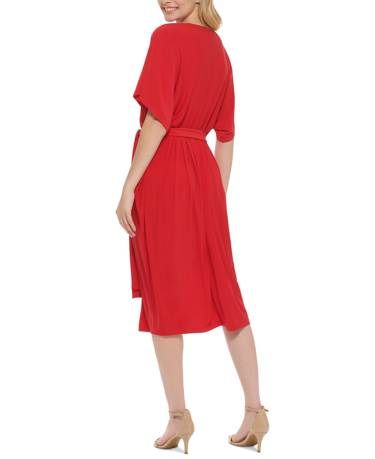 Vestido midi feminino Tommy Hilfiger com decote em V e amarração na cintura, vermelho, tamanho 6
