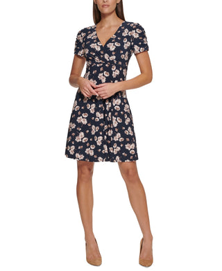 Tommy Hilfiger Women's Shirred Sleeve Surplice Dress Blue Size 12Petite