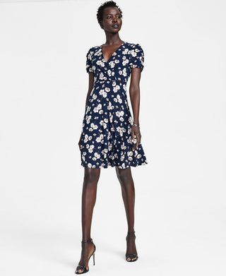 Tommy Hilfiger Women's Shirred Sleeve Surplice Dress Blue Size 10Petite
