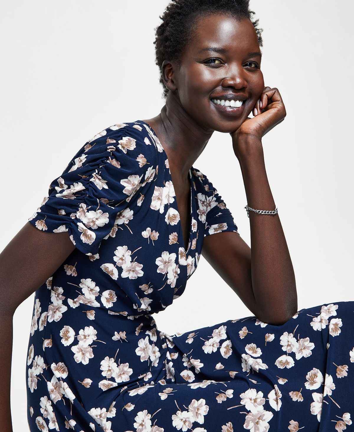 Vestido Tommy Hilfiger Feminino com Mangas Franzidas e Sobrepeliz Azul Tamanho 4 Petite