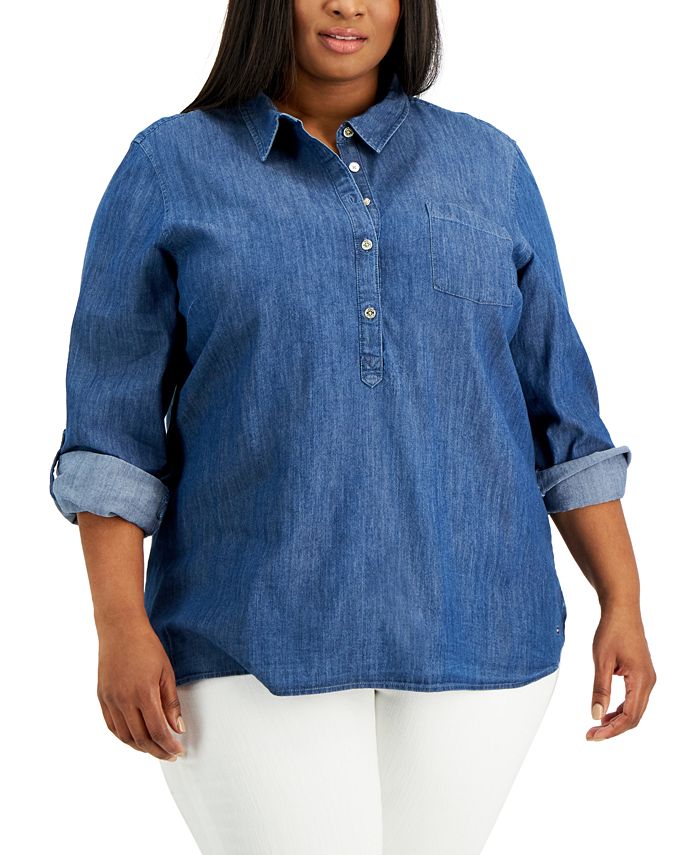 Tommy Hilfiger Chambray Popover Top Feminino Azul Tamanho 2X