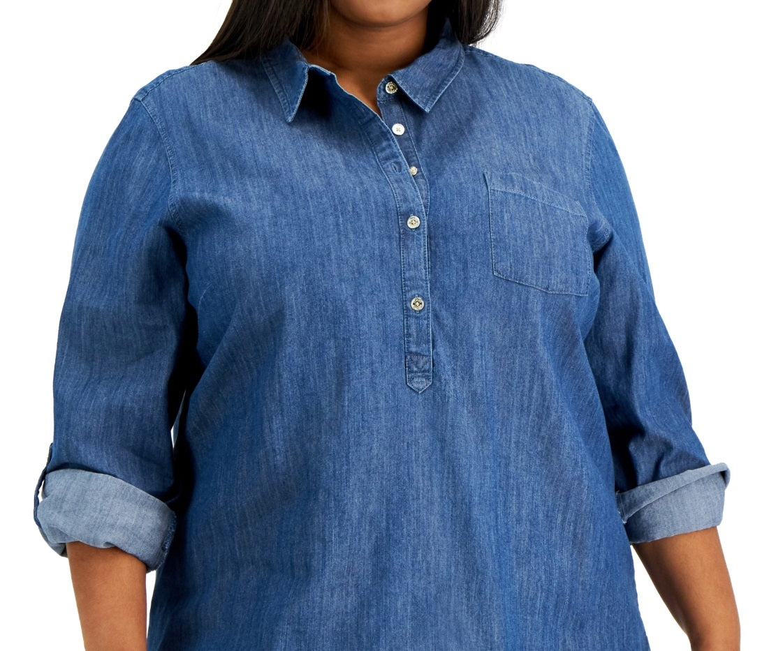 Tommy Hilfiger Chambray Popover Top Feminino Azul Tamanho 2X
