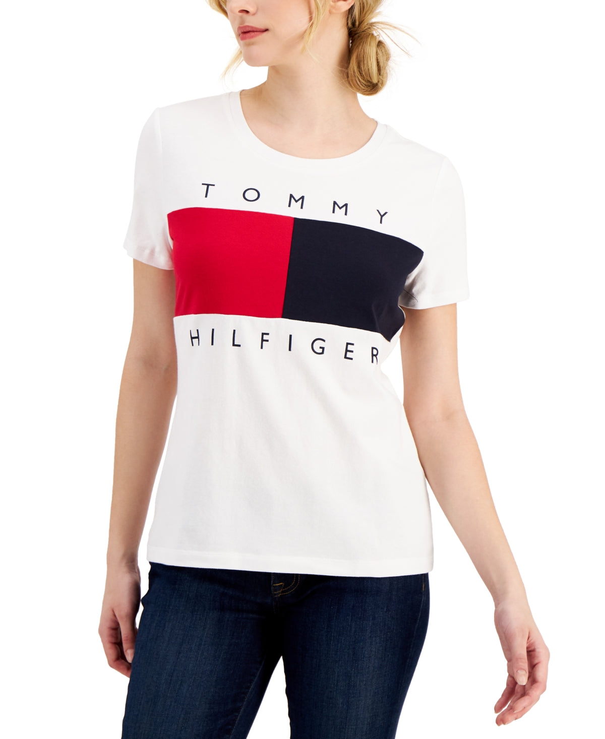 Camiseta Tommy Hilfiger Feminina com Logo Big Flag, Branca, Tamanho Médio