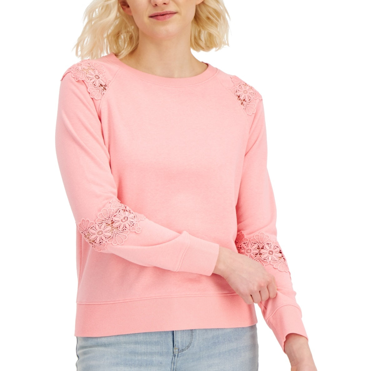 Tommy Hilfiger Feminino Sólido Renda TrimTop Rosa Tamanho Médio