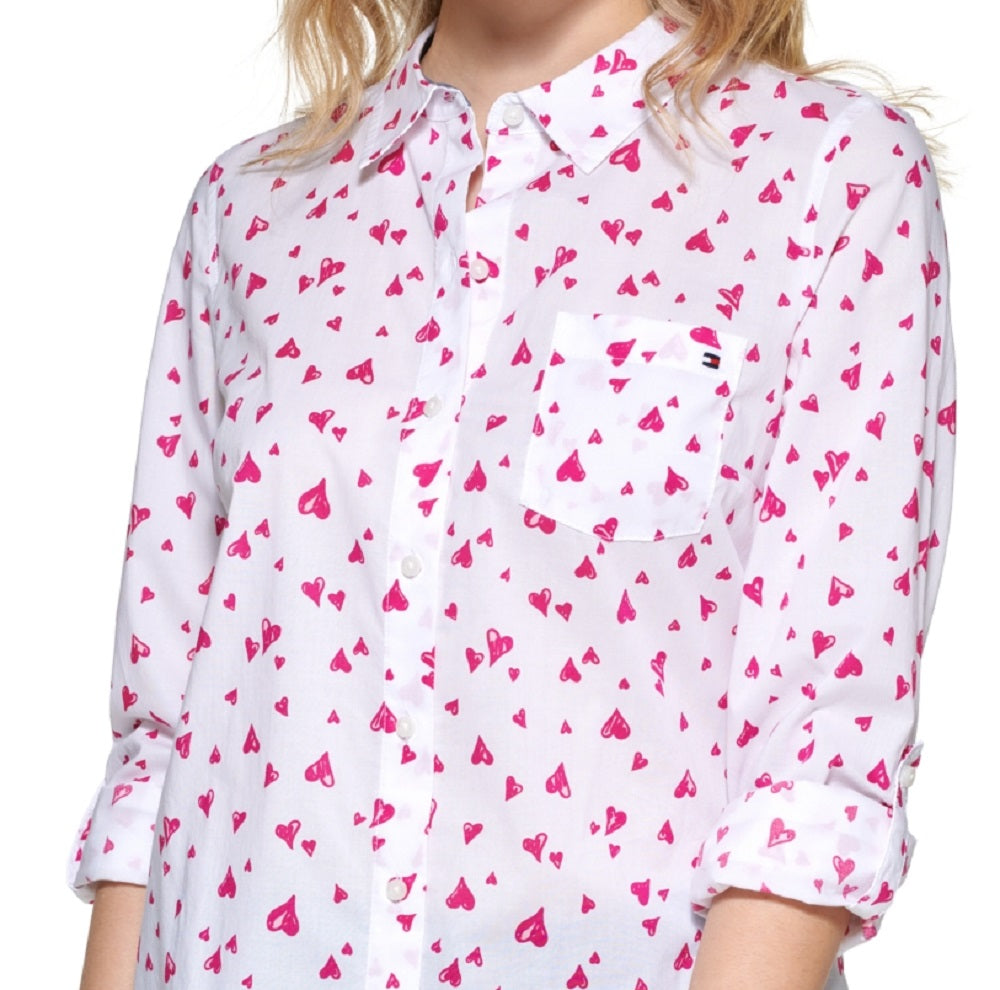 Blusa Tommy Hilfiger Feminina Flutter Hearts com Botões, Branca, Tamanho X-G