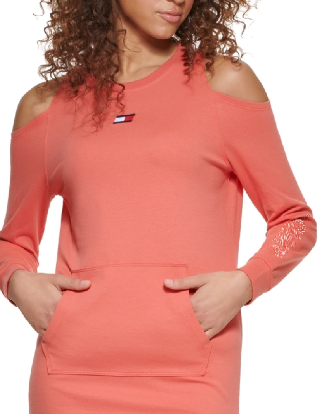 Vestido esportivo feminino Tommy Hilfiger com ombros descobertos, laranja, tamanho médio