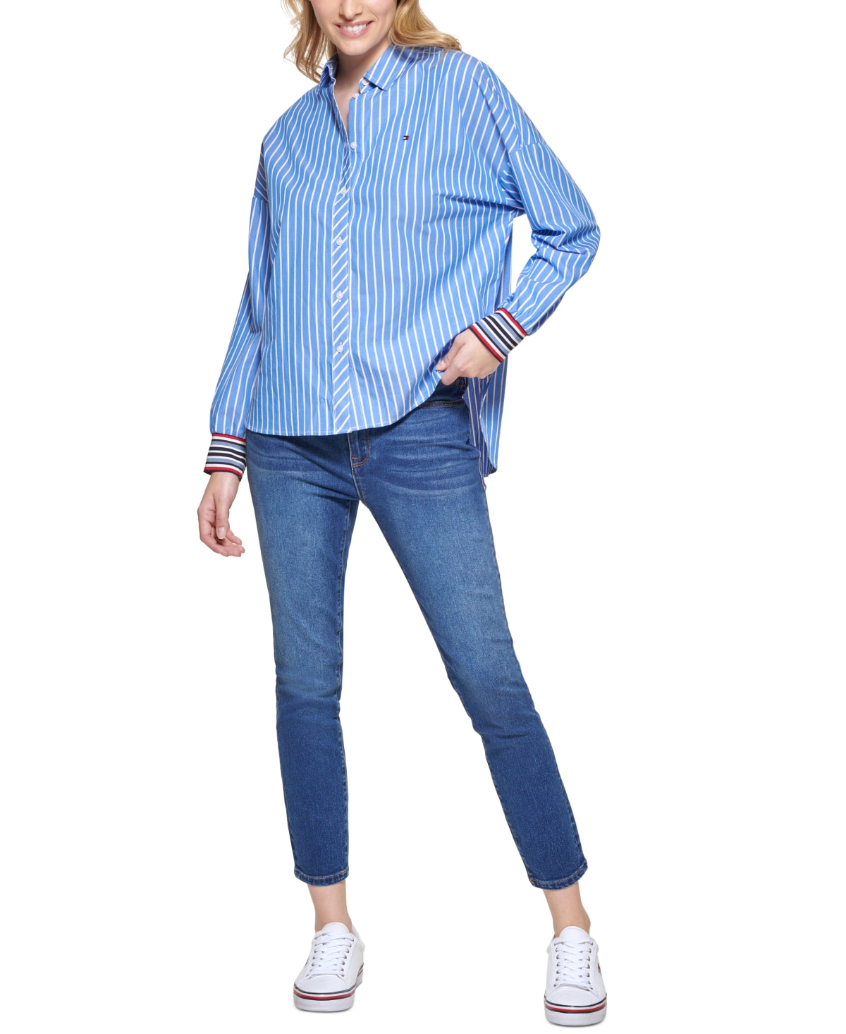 Tommy Hilfiger Blusa de algodão feminina com botões altos e baixos, azul, tamanho extragrande