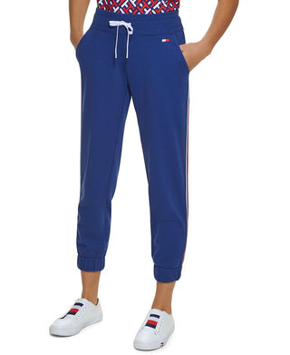 Calça de moletom feminina Tommy Hilfiger cintura alta com listras laterais, azul, tamanho médio