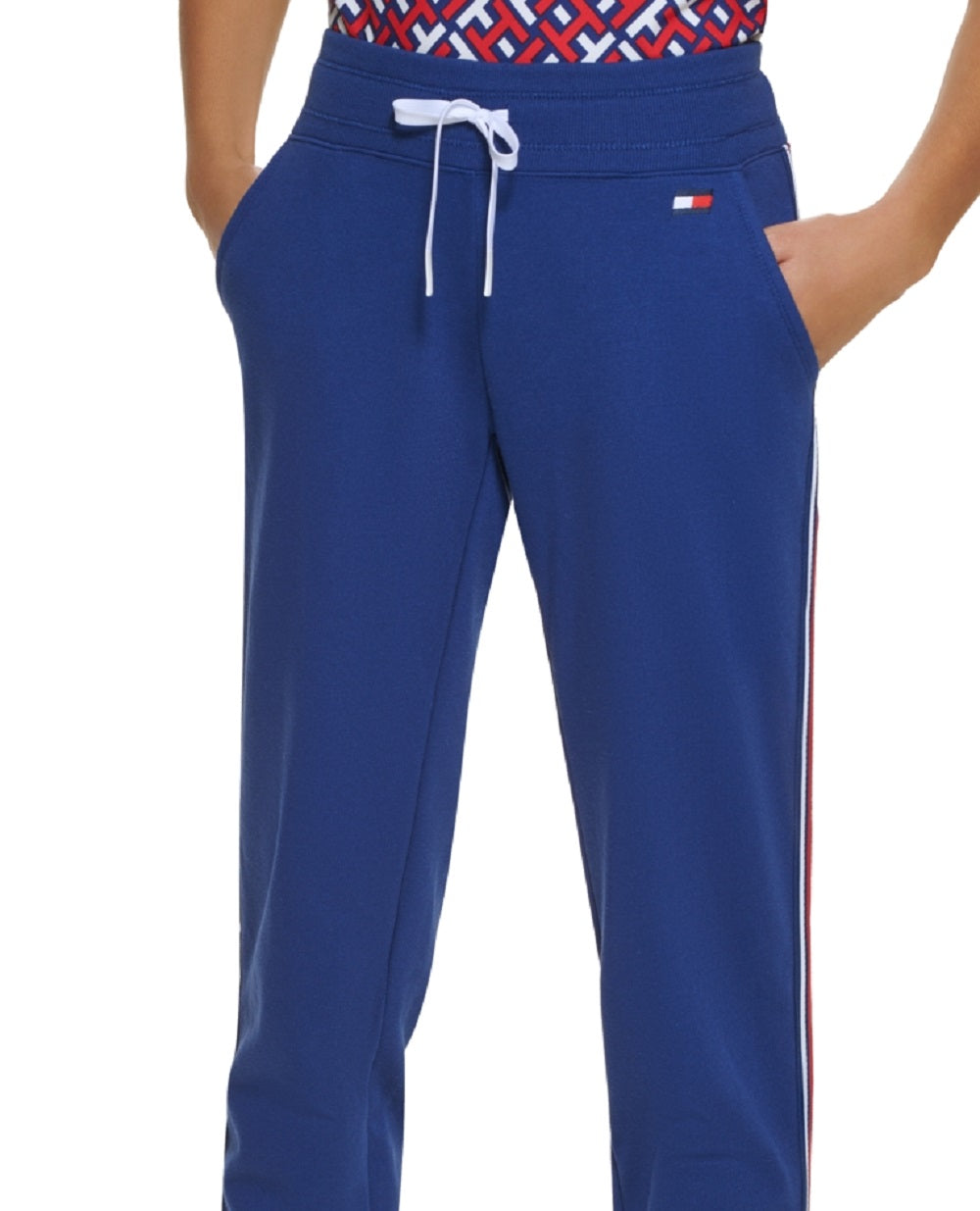 Calça de moletom feminina Tommy Hilfiger cintura alta com listras laterais, azul, tamanho médio