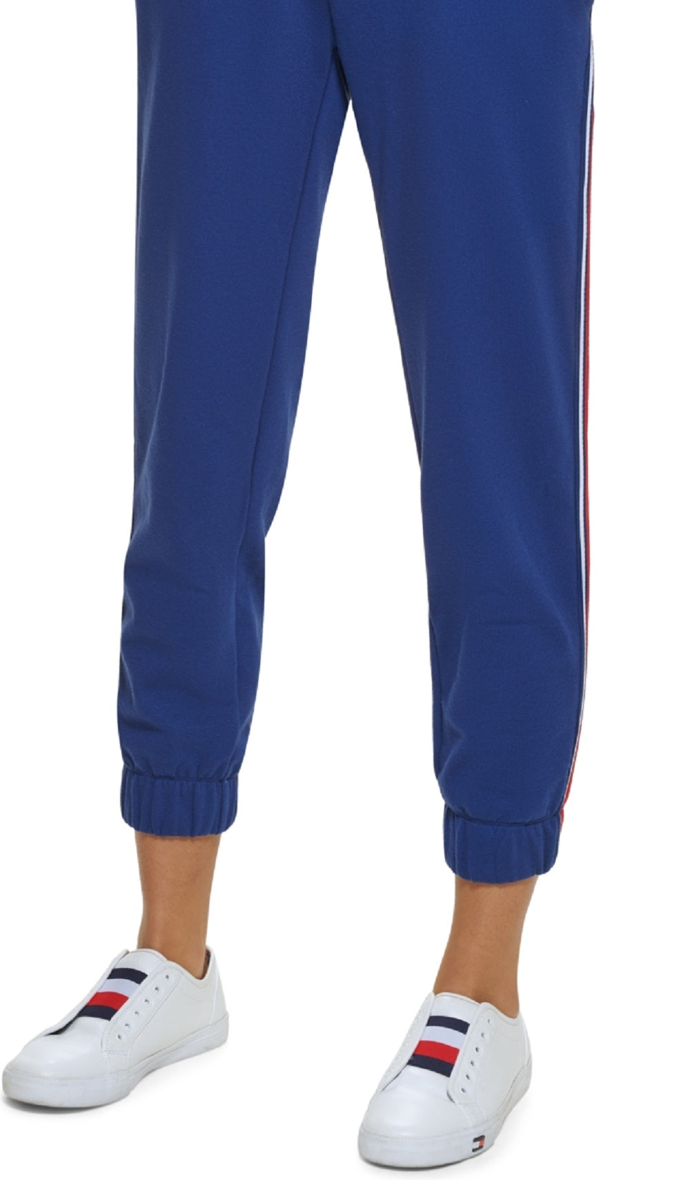 Calça de moletom feminina Tommy Hilfiger cintura alta com listras laterais, azul, tamanho médio