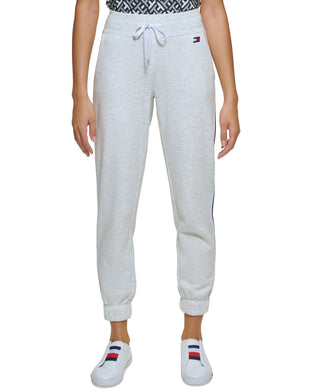 Calça de moletom Tommy Hilfiger feminina de cintura alta com listras laterais, cinza, tamanho grande