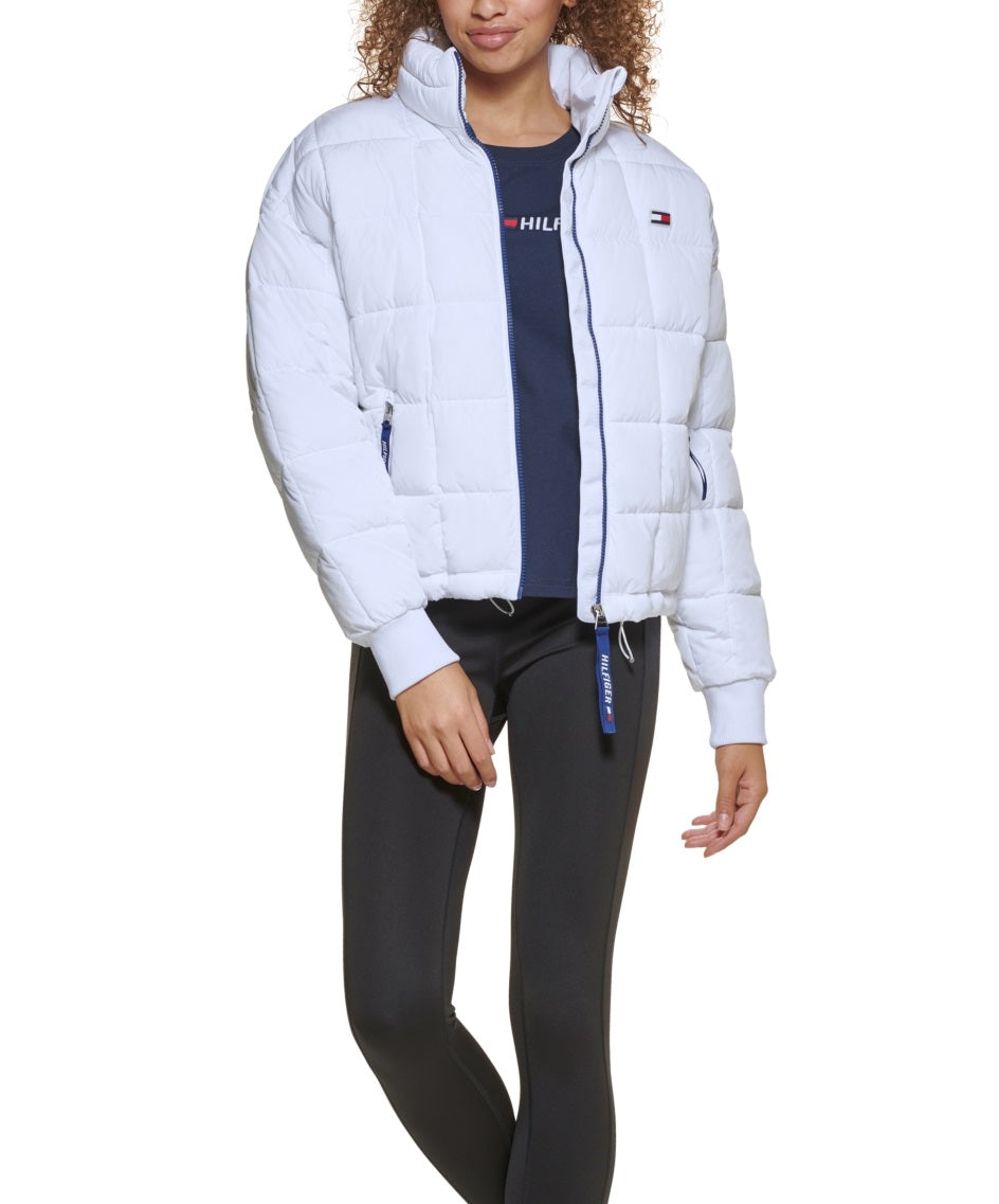 Tommy Hilfiger Casaco esportivo feminino de gola alta, branco, tamanho extragrande
