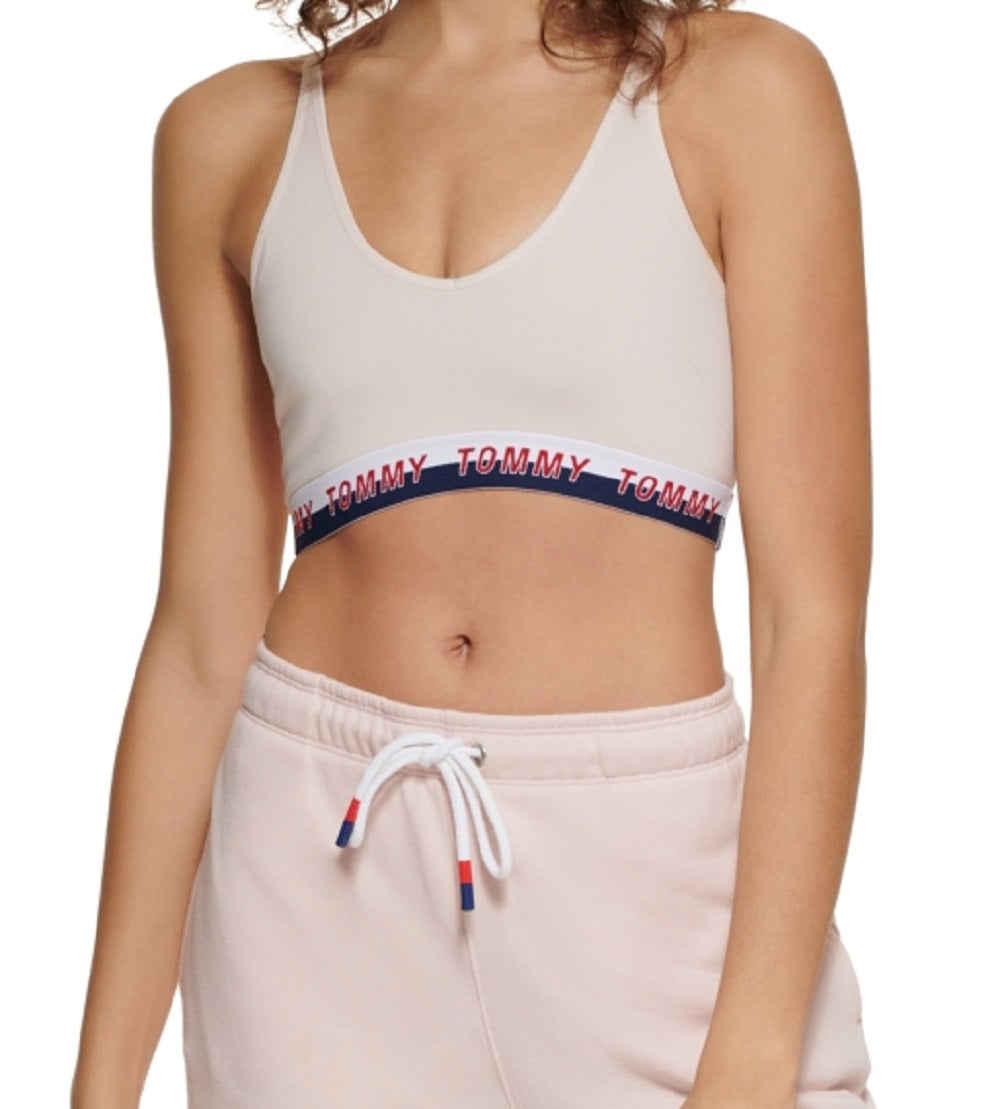 Sutiã esportivo Tommy Hilfiger feminino com tiras e logo, faixa de baixo impacto, rosa, tamanho pequeno