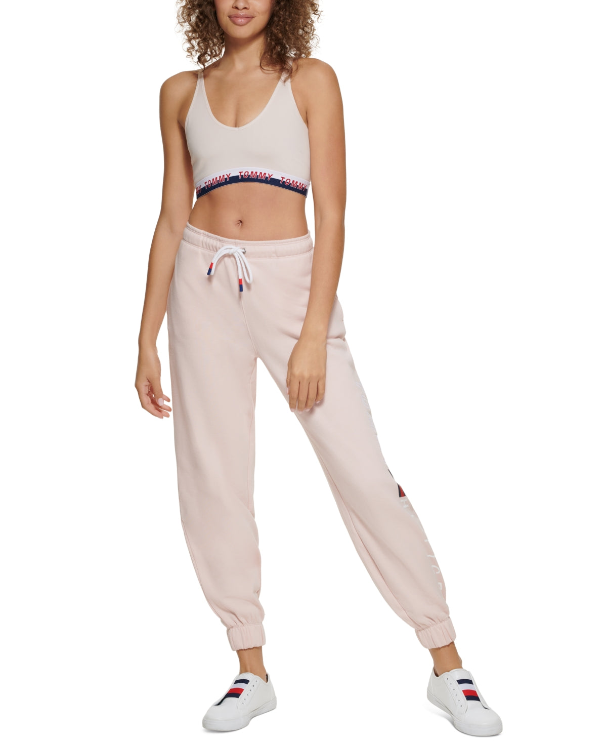 Sutiã esportivo Tommy Hilfiger feminino com tiras e logo, faixa de baixo impacto, rosa, tamanho pequeno