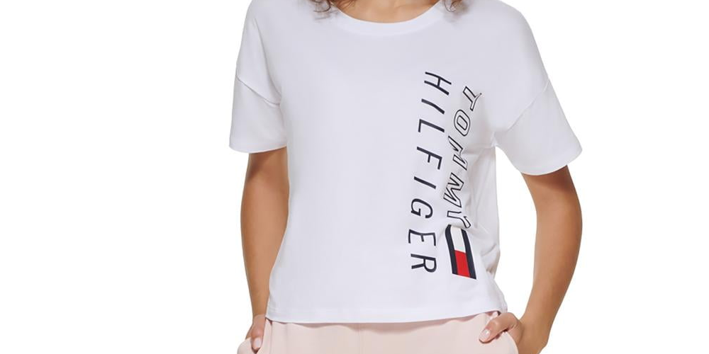 Camiseta curta feminina Tommy Hilfiger com logotipo, branca, tamanho XX-G