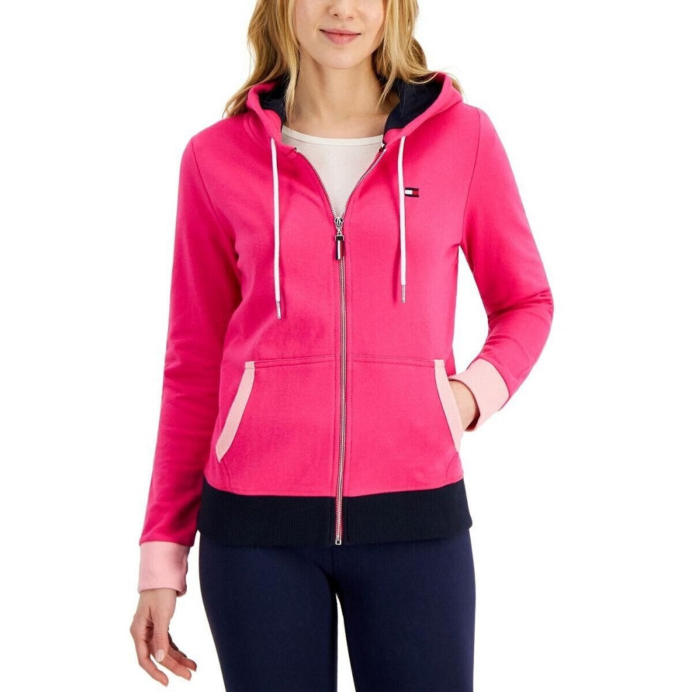 Tommy Hilfiger Moletom com capuz feminino com zíper frontal e blocos de cores rosa tamanho grande