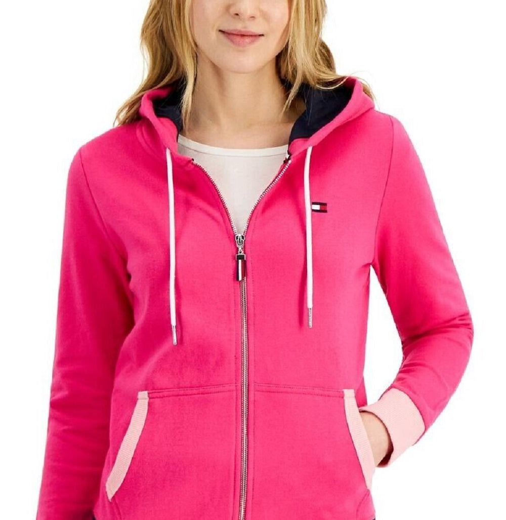 Tommy Hilfiger Moletom com capuz feminino com zíper frontal e blocos de cores rosa tamanho grande