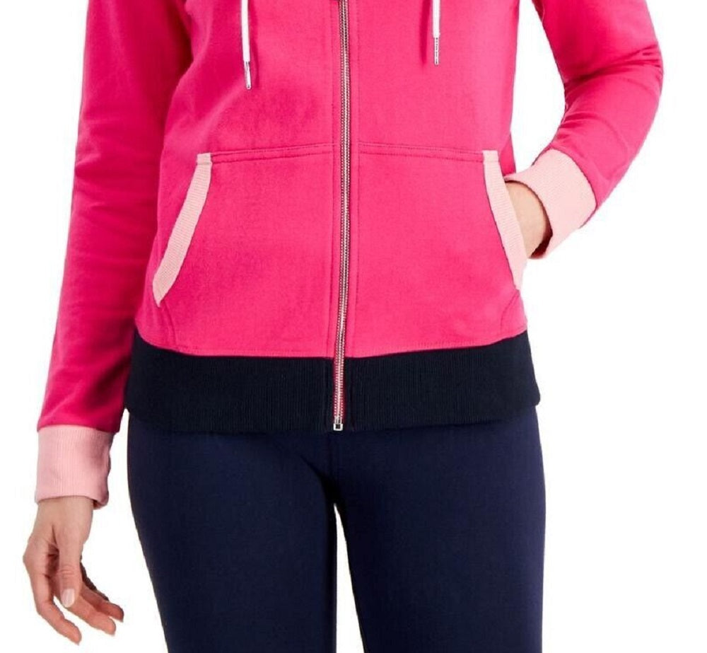 Tommy Hilfiger Moletom com capuz feminino com zíper frontal e blocos de cores rosa tamanho grande