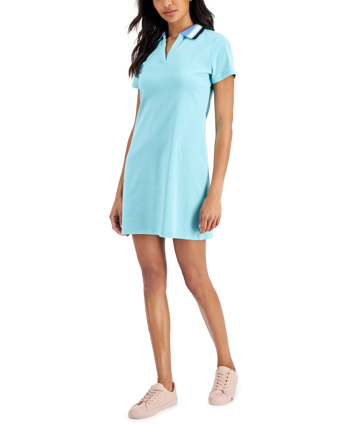 Vestido polo feminino Tommy Hilfiger com decote em V, verde, tamanho médio