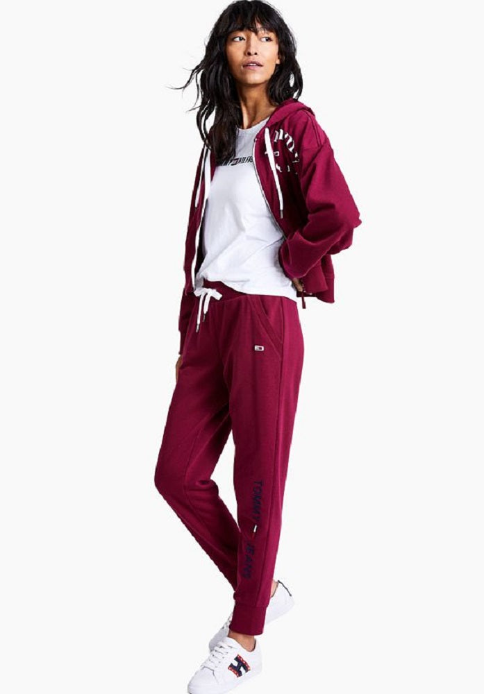 Calça jogger feminina Tommy Jeans com logo linear, roxa, tamanho grande