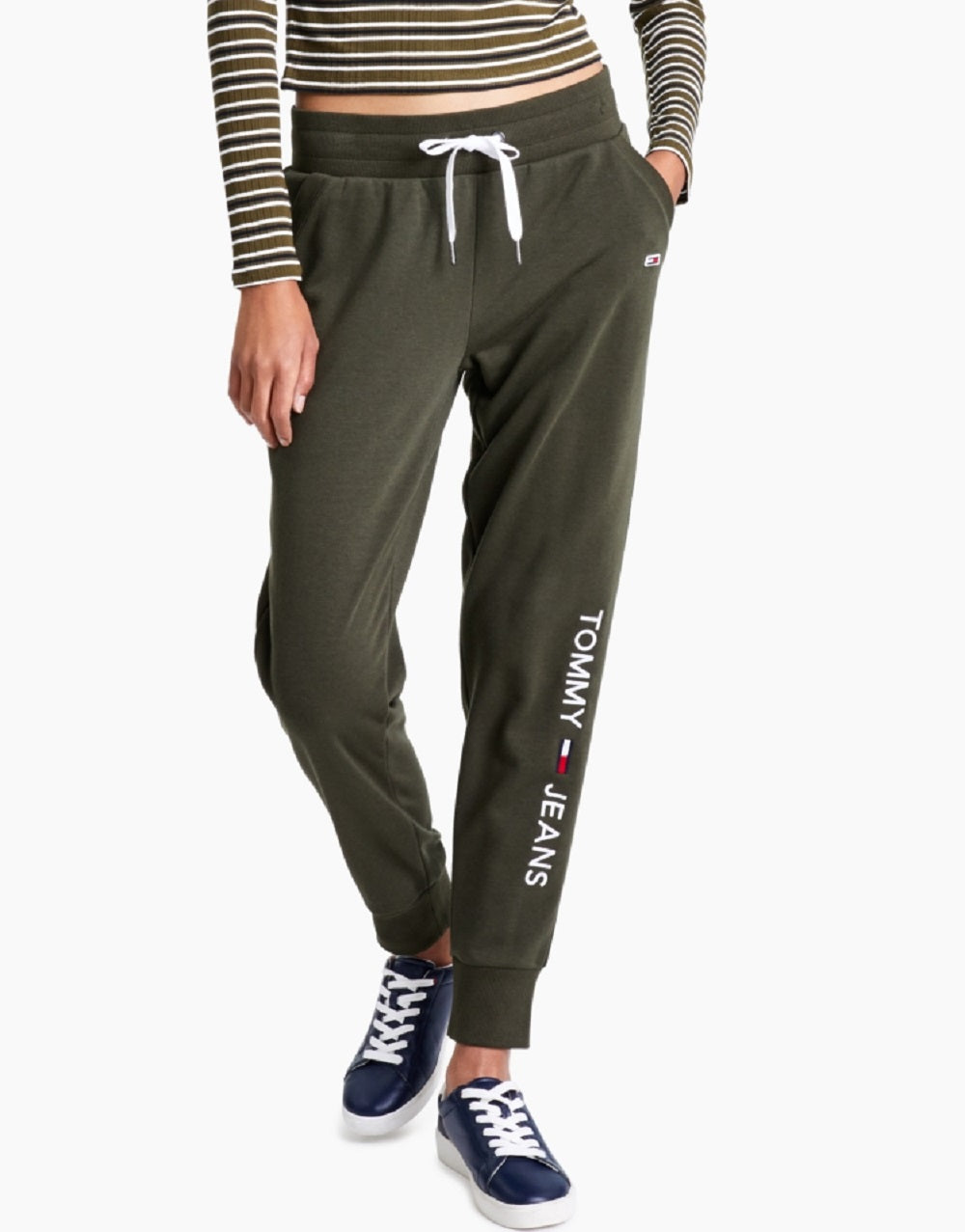 Calça jogger feminina Tommy Jeans com logo linear verde, tamanho extragrande