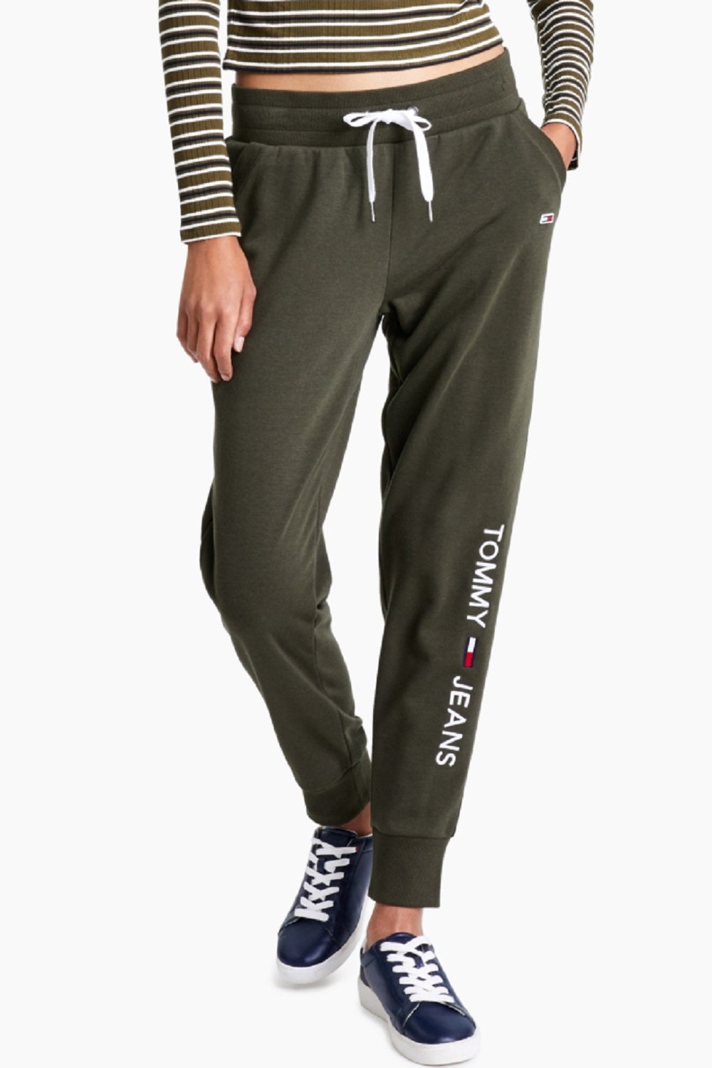 Calça jogger feminina Tommy Jeans com logo linear verde, tamanho grande
