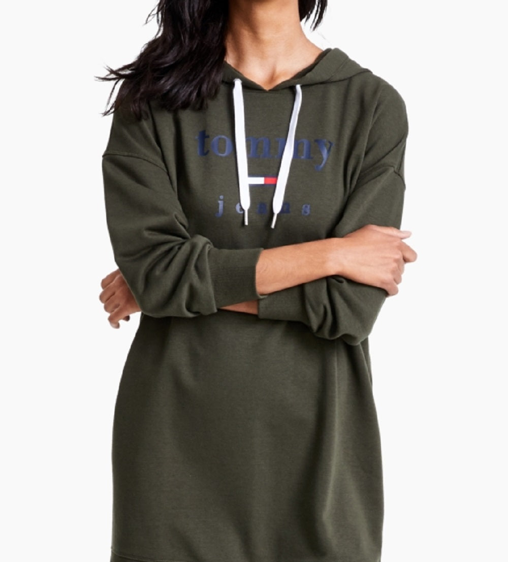 Vestido com capuz e logotipo Tommy Jeans feminino, verde, tamanho médio