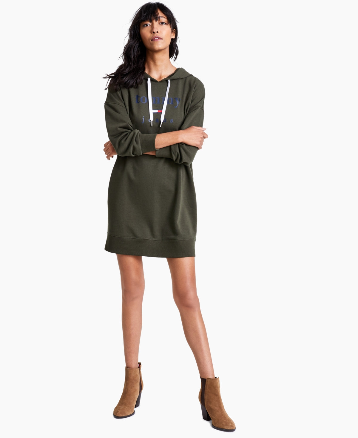 Vestido com capuz e logotipo Tommy Jeans feminino, verde, tamanho médio