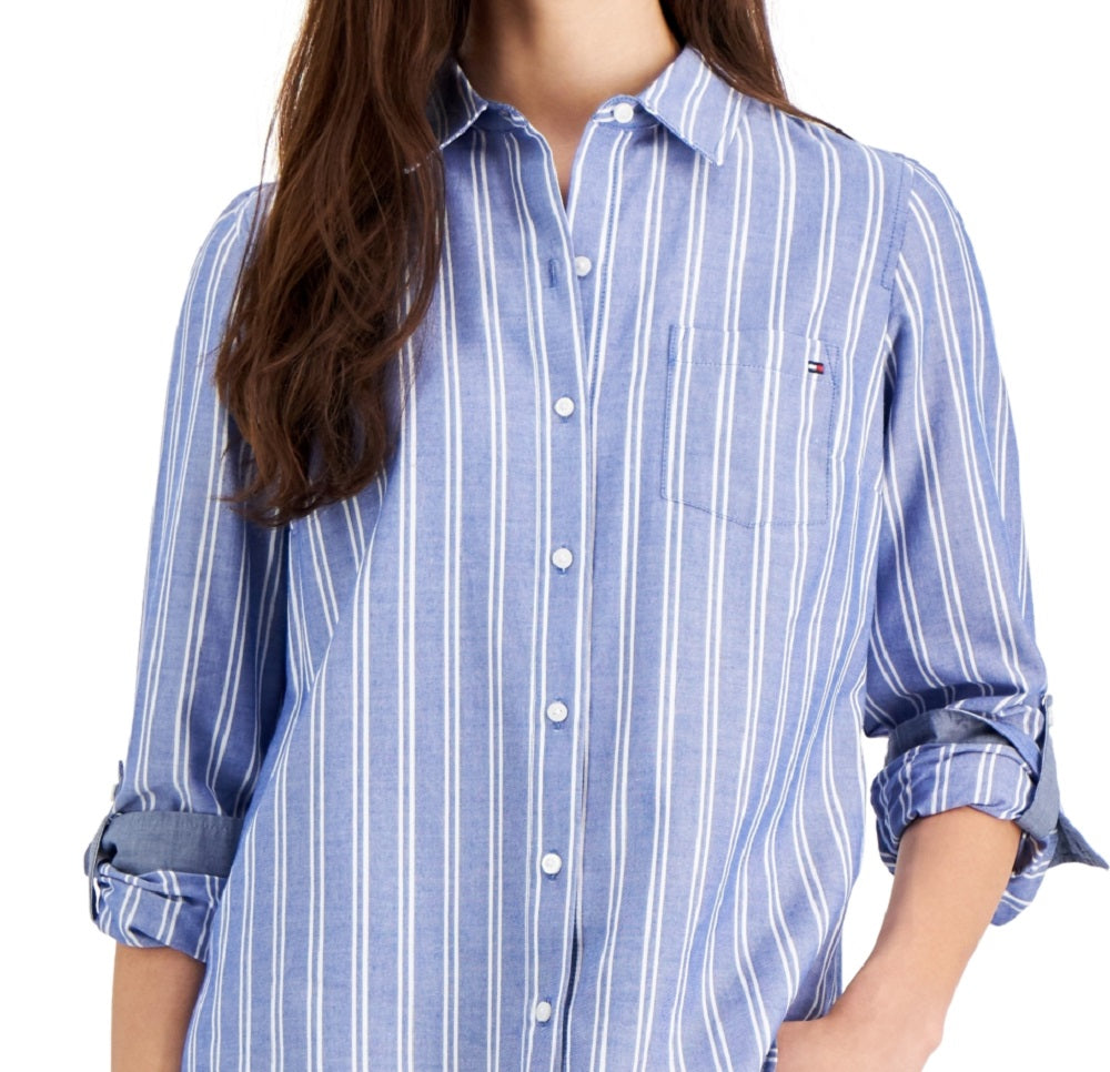 Camisa listrada feminina Tommy Hilfiger com aba enrolada, azul, tamanho XXG
