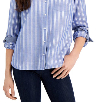 Camisa listrada feminina Tommy Hilfiger com aba enrolada, azul, tamanho XXG