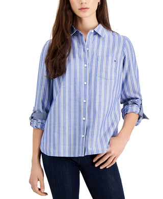 Camisa listrada feminina Tommy Hilfiger com aba enrolada, azul, tamanho XXG
